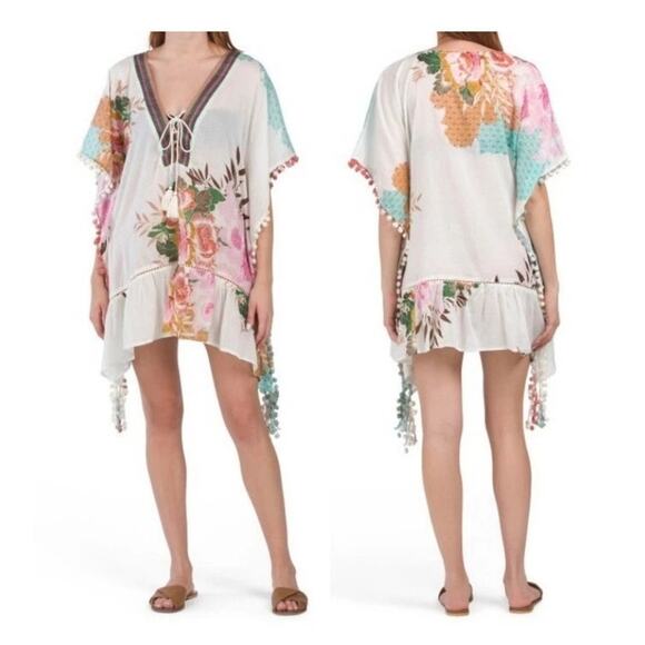 Z&L Europe Floral Print Airy  100% Cotton Pom-Pom Caftan Swim Cover Up OS - Picture 1 of 16